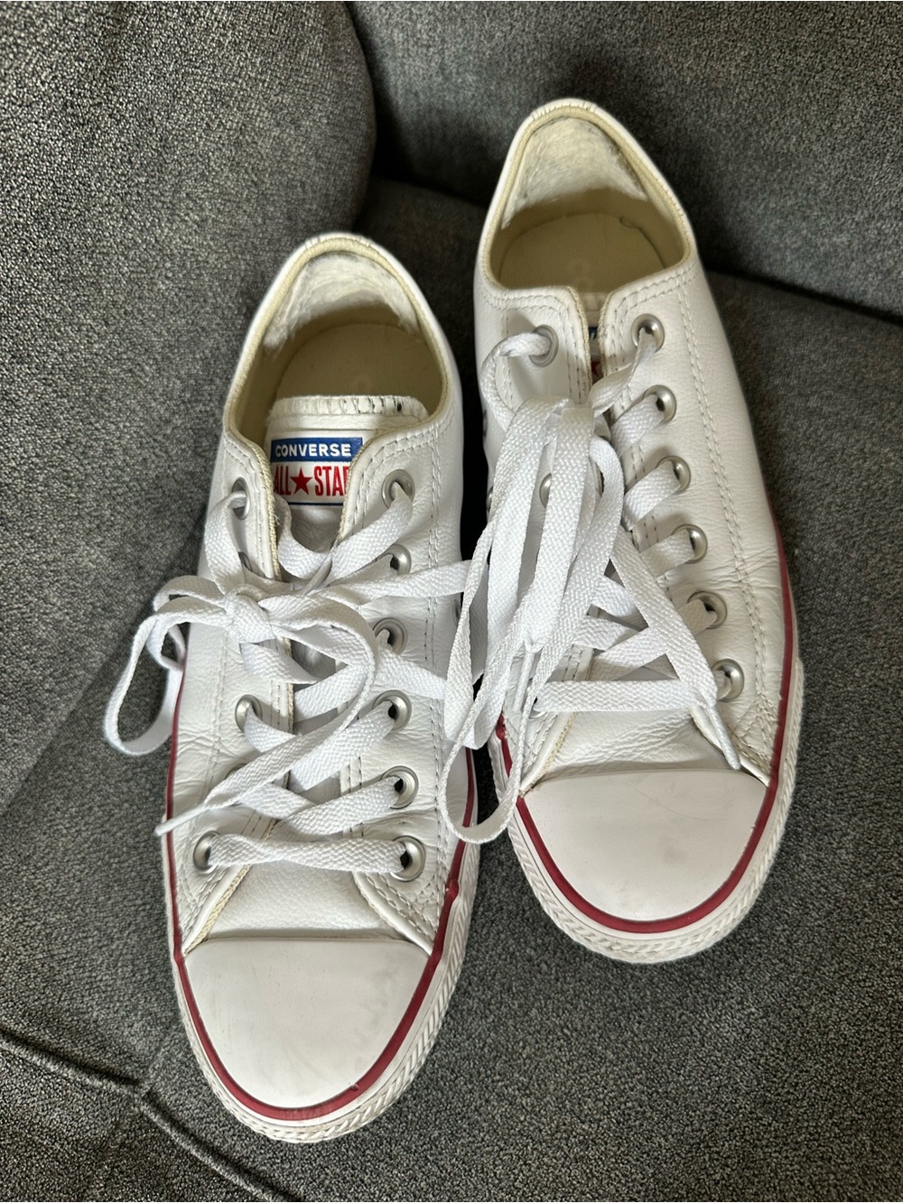 Converse All Stars White Leather Low Top Sneakers with Red Trim